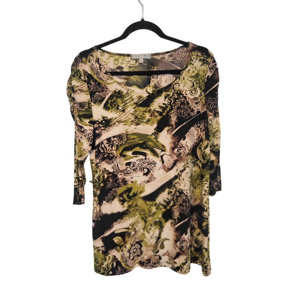 Vintage Suzie‎ XL 80s Y2K Green Brown Woodland Fairy Mandela Geo Print Tunic Top